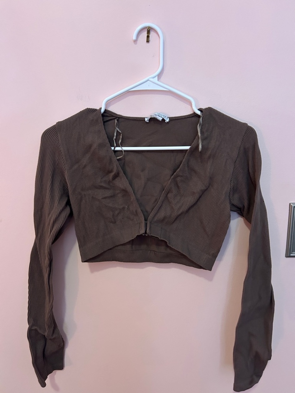 Zara Brown Ribbed Cropped V-Neck Long Sleeve Top